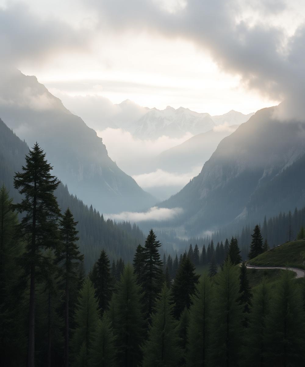 Valle alpina nei pressi di Morgex avvolta dalla nebbia mattutina